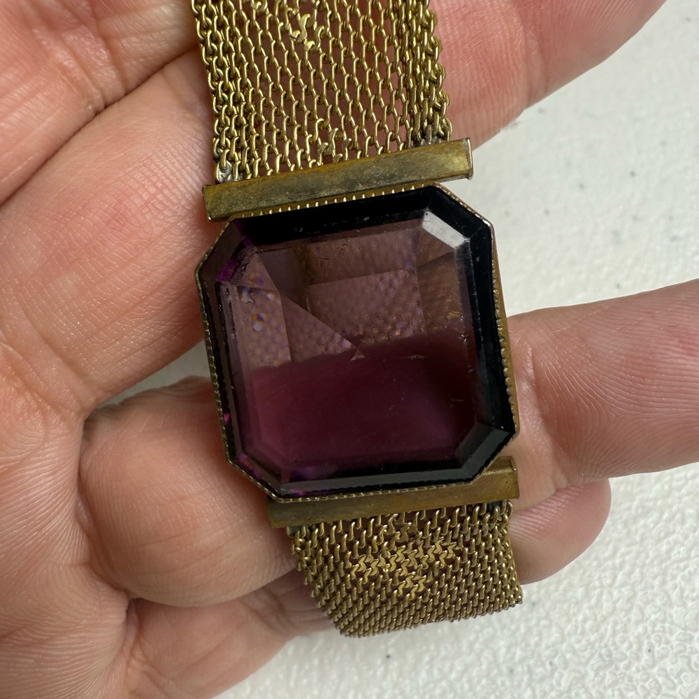 Vintage Gold Mesh Bracelet with Large Square Purple Gemstone 7 1/4”